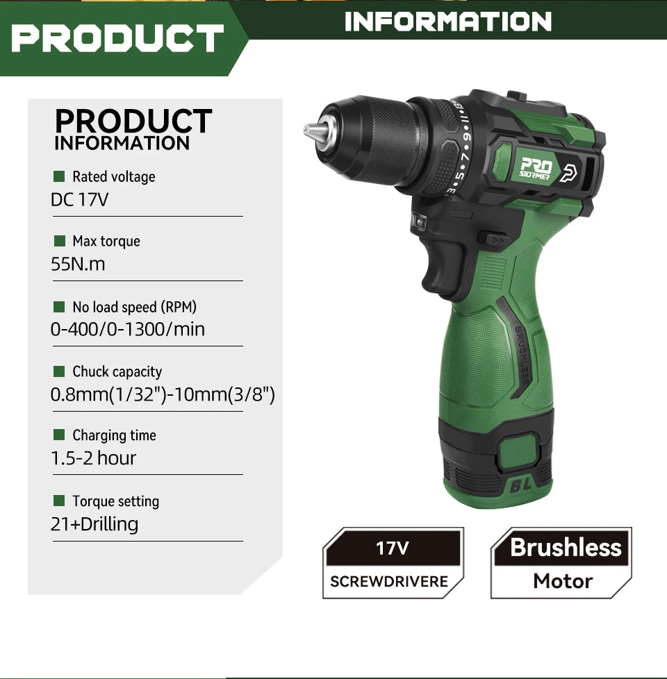 17V Brushless Electric Drill 55NM Cordless Driller Mini  Screwdriver Li-ion Battery 5pcs Bit Power Drill By PROSTORMER