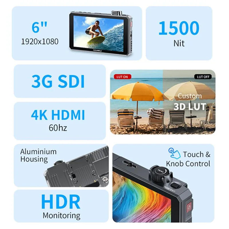 FEELWORLD SC6 6-inch Photography Video Monitor 1500NIT High Brightness 3G SDI HDMI 4K60Hz 1920X1080 IPS Screen Aluminum Shell