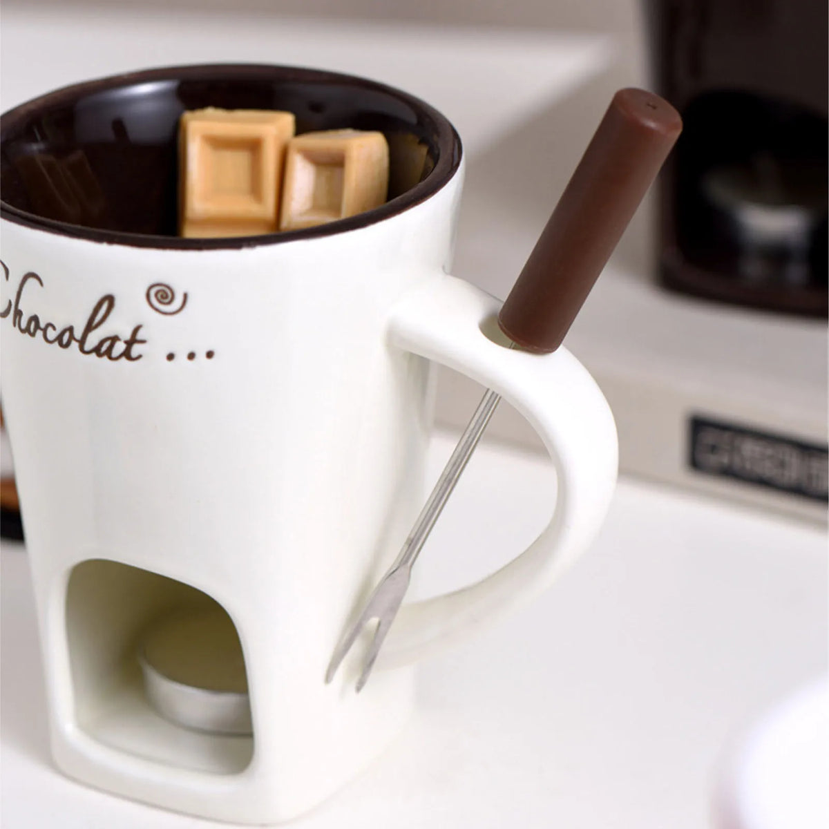 Ceramic Chocolate Melting Mug with Fork - Fondue and Butter Warmer Pot - photo 3