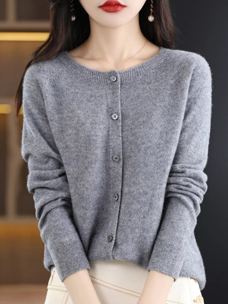 Women Cashmere Sweater 100% Merino Wool Knitted Cardigan Autumn Winter Knitwear O-Neck Female Solid Color Casual Fashion Top