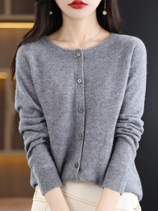 Women's Knitted O-Neck Cardigan - Solid Colour Autumn Knitwear