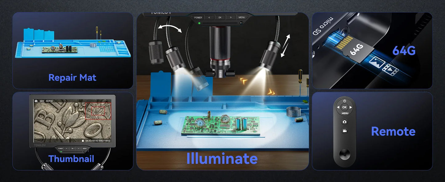 TOMLOV TM3K-3D Max Digital Microscope – 3K 10" Screen, Magnetic Dual Lens, 360° 3D View | PCB & Coin Repair