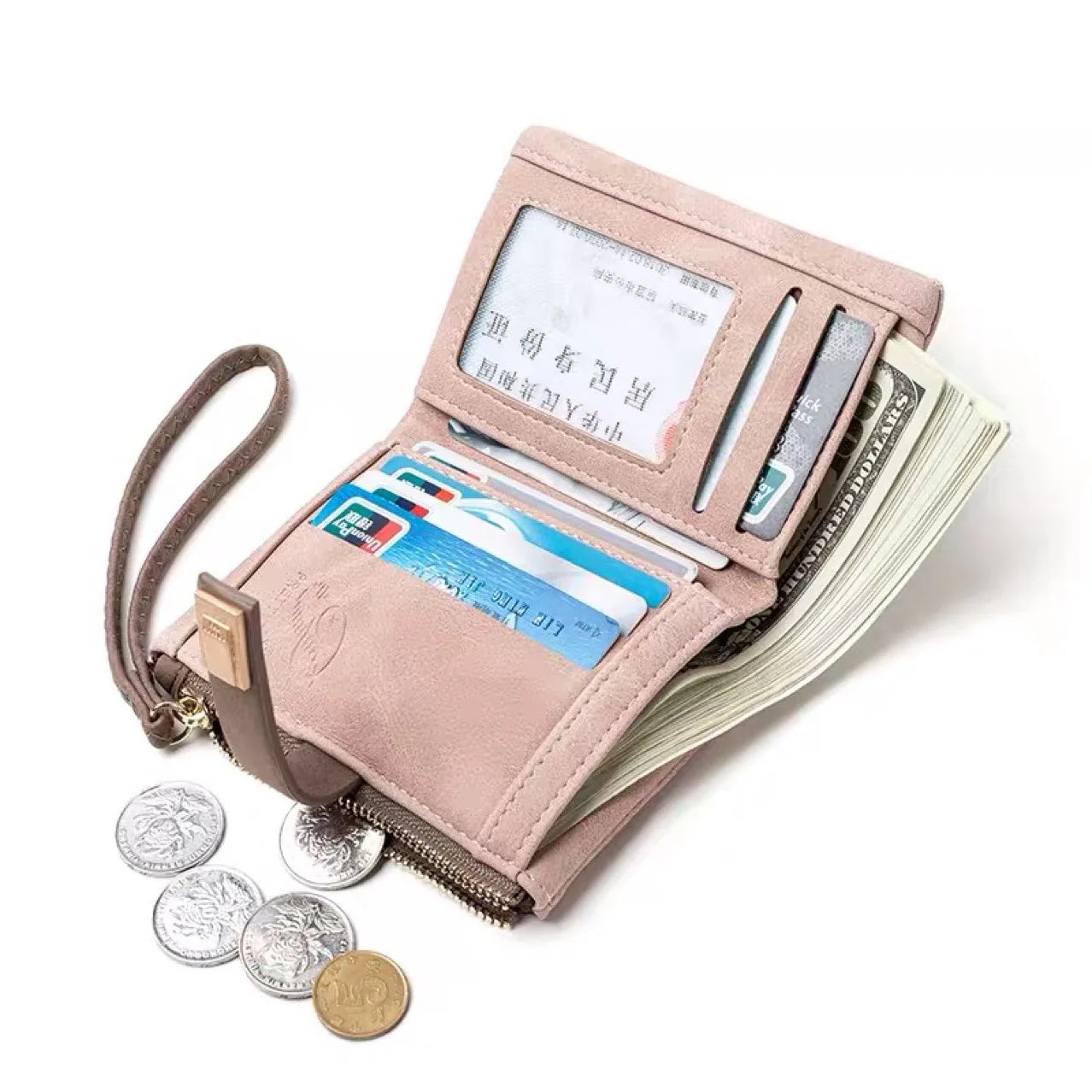 Spring/Summer 2026 new women's short wallet, high-quality PU hardware leaf buckle, solid color zipper, student coin coin purse,