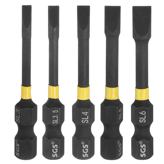 1set Slotted Impact Screwdriver Bits SL3-SL6 Slotted Tip 1/4" Hex Shank Magnetic Flat Head Screw Driver Bits Electric Power Tool