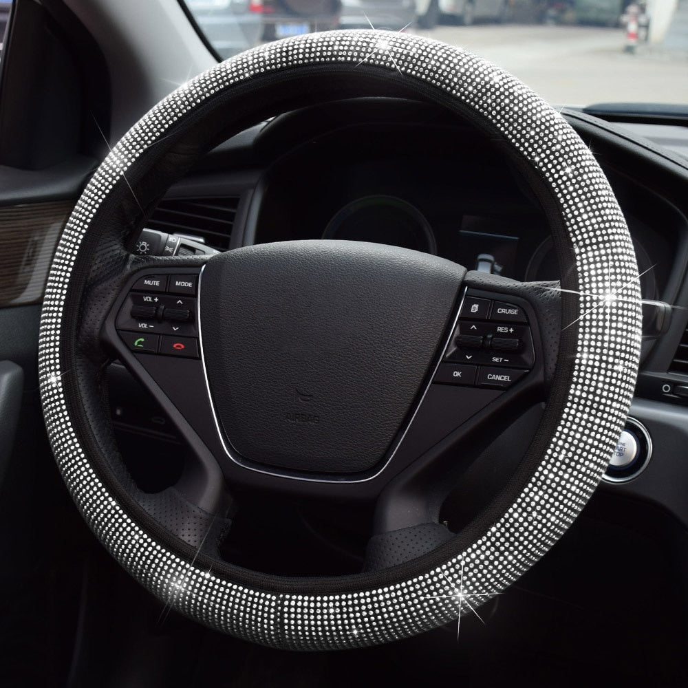 38cm Universal Car SUV Breathable Anti-Slip Bling Rhinestones Steering Wheel Cover for Women Girl with Crystal Diamond Sparkling