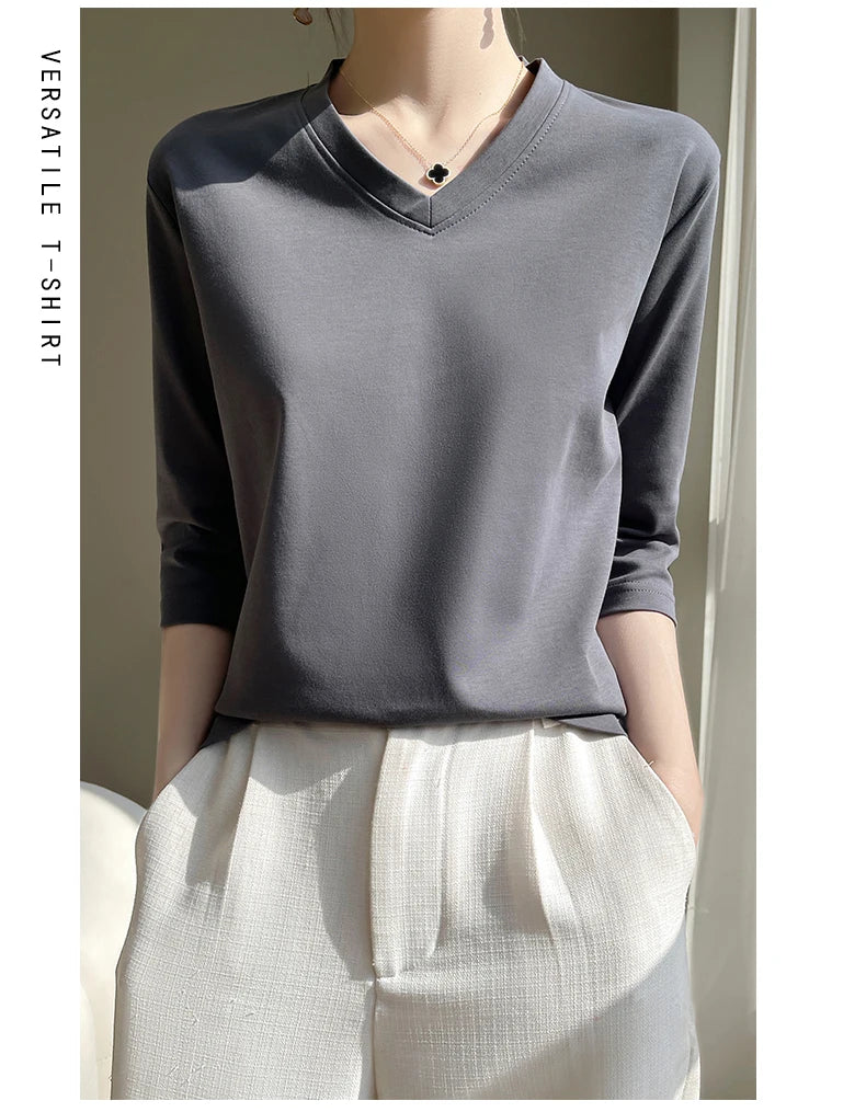 Spring And Summer New Cotton V-neck T-shirt Short-Sleeved Women's Half-Sleeve Bottoming Shirt High-End Cropped Sleeve Top