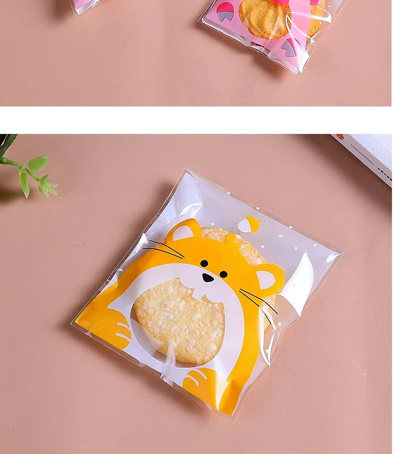 100Pcs Plastic Transparen Cartoon Candy Cookie Plastic Bags Self-Adhesive For Biscuits Snack Baking Package Kids Gift DIY