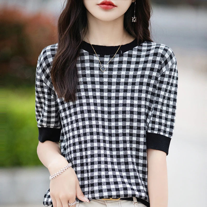 Pure Cotton Hollow Short-Sleeved Ladies Spring And Summer Loose Slim New Joker Knit Bottoming T-Shirt