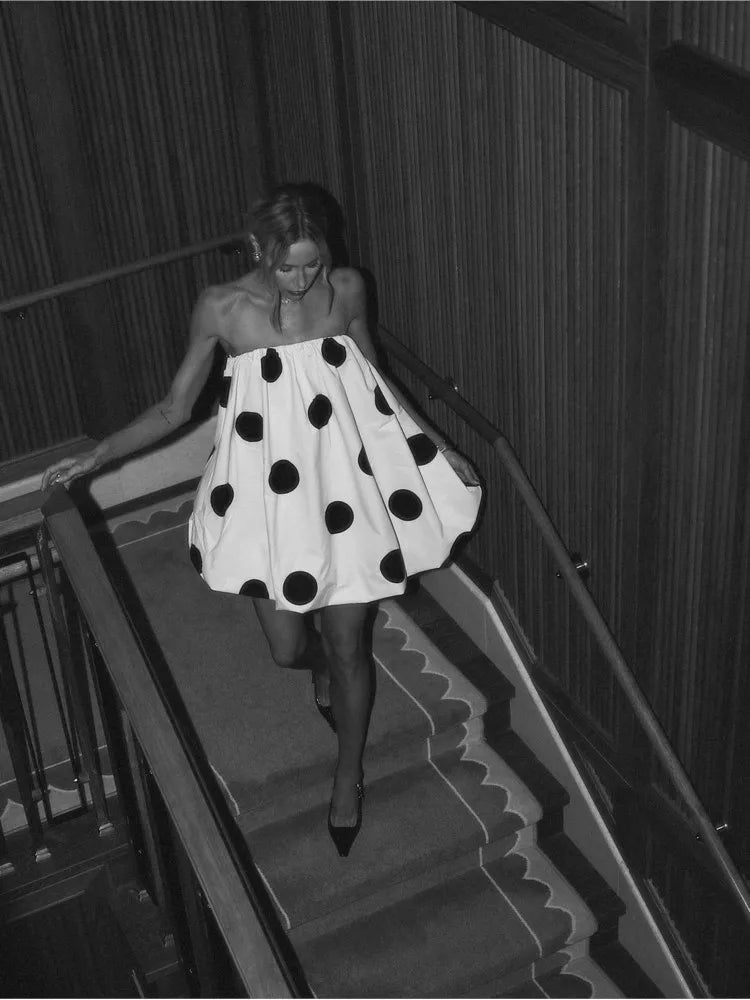 Strapless Polka Dot Mini Dress - Pleated Summer Party Dress