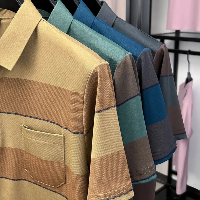 Men's Striped Mesh Polo - Lapel Three-Button, Anti-Wrinkle Knit