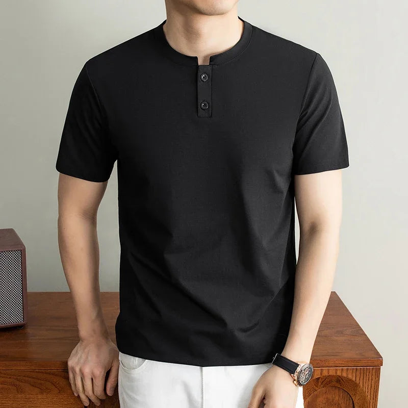 Men's Thin-Knit Henley - Two-Button Split Neck, Slim Elastic Fit