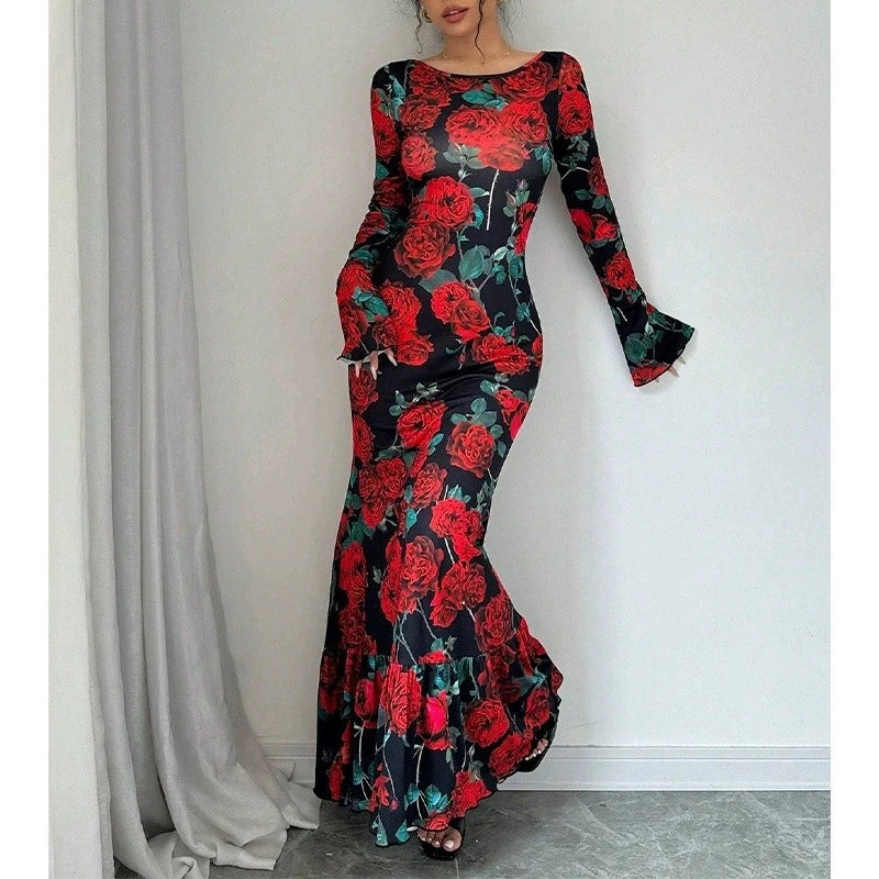Elegant Rose Print Fishtail Maxi Dress – Long Sleeve