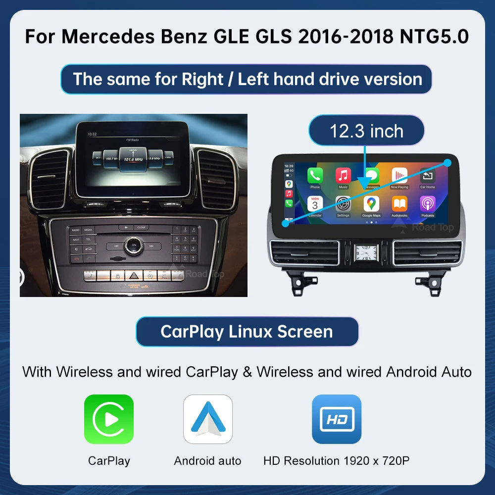 12.3'' Multimedia Display For Benz ML W166 GL X166 GLE GLS 2012-2018 Touch Screen Wireless Carplay Navigation Android Auto