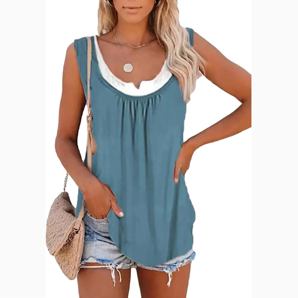 2026 Summer New Arrival Women's Two-Piece Look Sleeveless Tank Top Leaf Print Loose Casual Camisole with Pockets