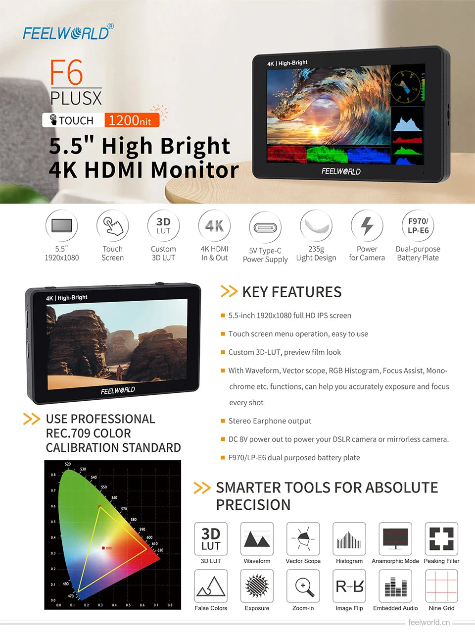 FEELWORLD F6 PLUSX Touch Screen 5.5 Inch Portable Monitor Accurate Waveform Monitoring Camere DSLR 3D LUT Full HD 1920x1080