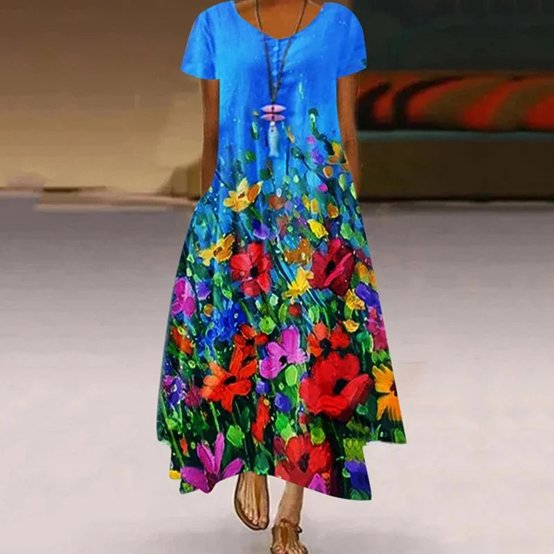 Women's Dandelion-Print Dress - Short Sleeve, Casual Summer Midi