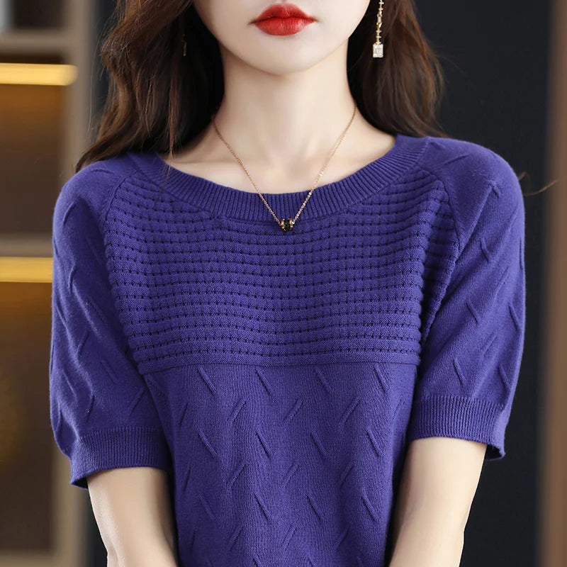 100% cotton short sleeve 2023 summer new women's round neck pullover loose knit solid color top casual vest fashion T-shirt