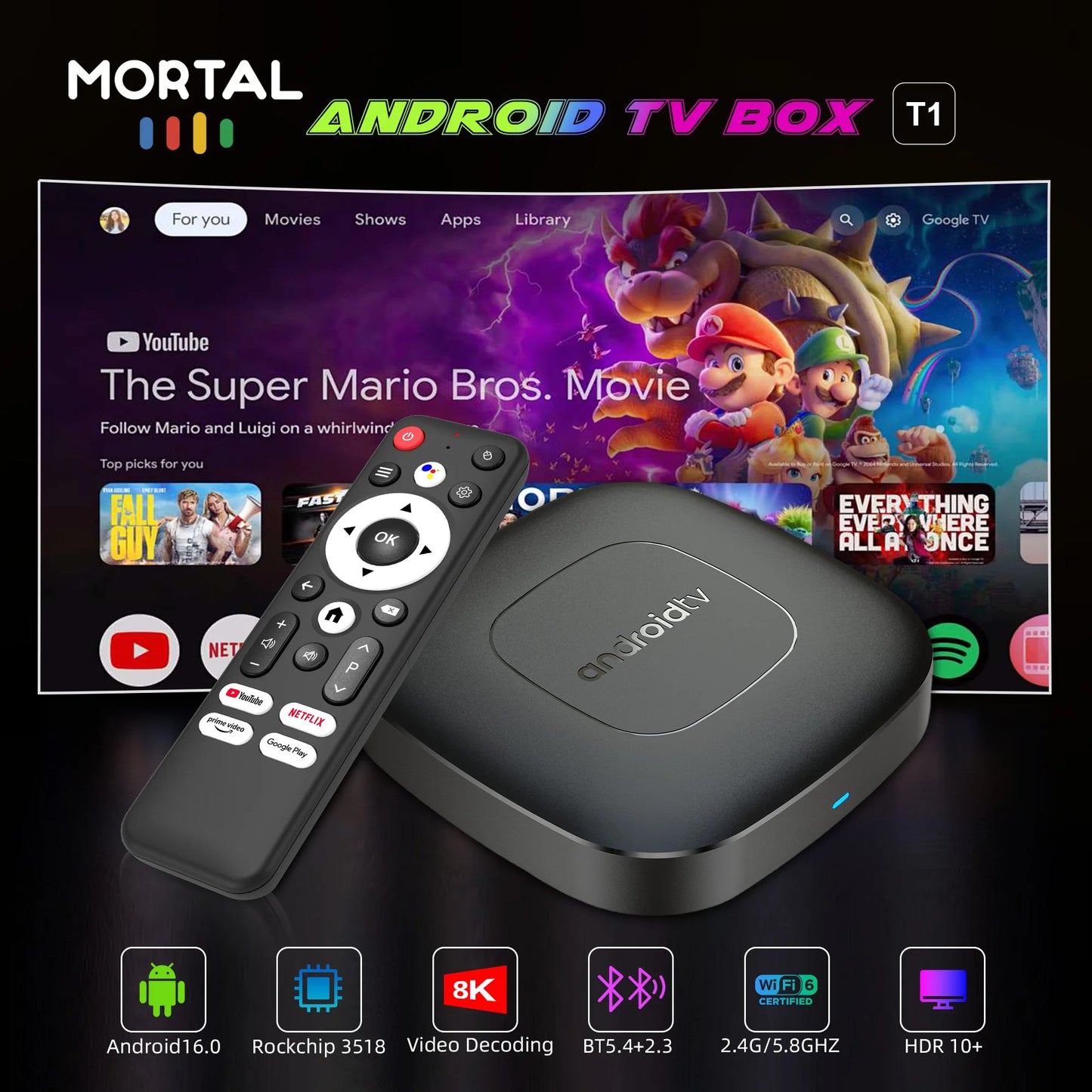 2026 mortal T1 Android16 Smart Home Theater TV Box Rockchip RK3518 Support Bluetooth5.4 Google Assistant Streaming Player WiFi 6