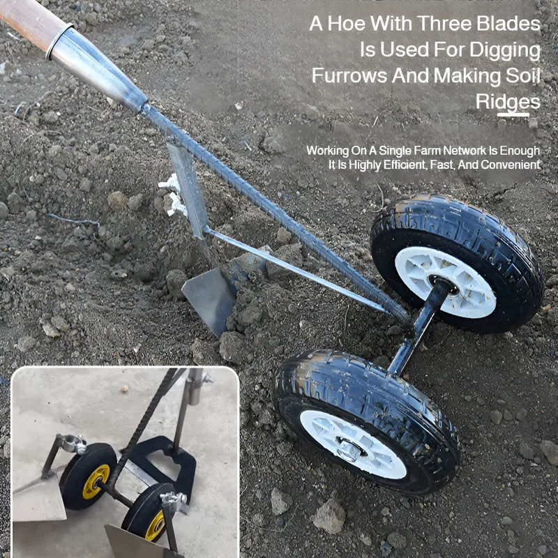Hand-pulled Multi-function Plow 3 in 1 Multi-Function Wheel Hoe Cultivator, Double Wheels Weeder Tiller Furrow Plow for Garden F