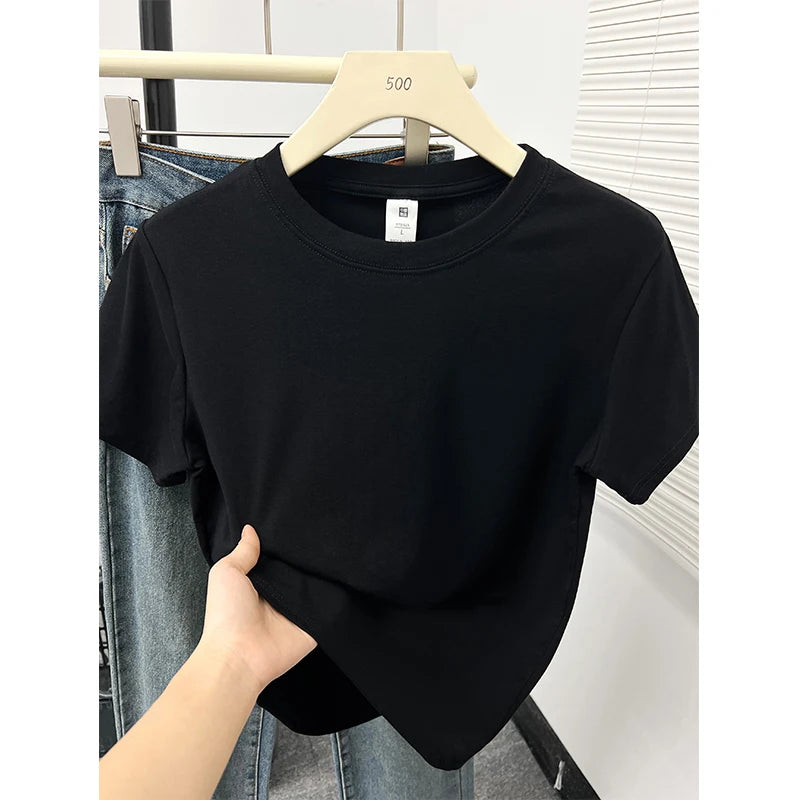Women's Solid Short Sleeve Tee — Casual Y2K Top