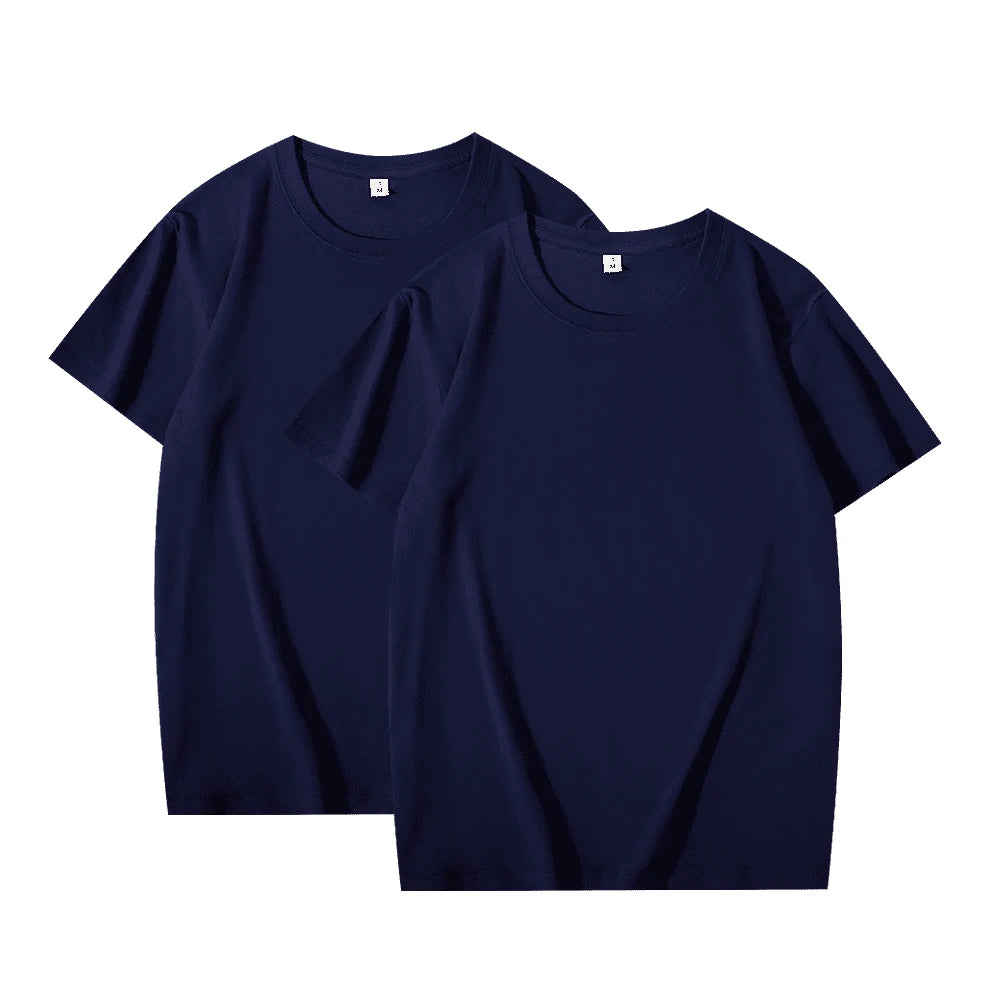 2pcs Solid Color T-shirt 100% Cotton Men Women White O-Neck Loose Short-sleeved Basic Models All-match T-shirt Couple Tops Black