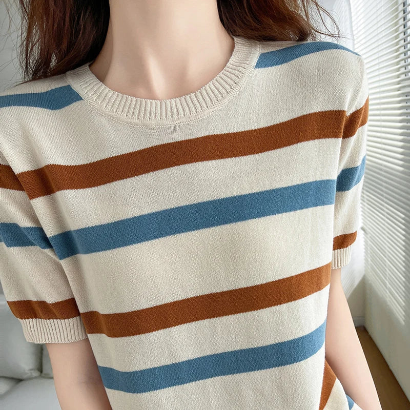 Women's Striped Knit T-Shirt — 100% Cotton Round-Neck Loose Pullover Top