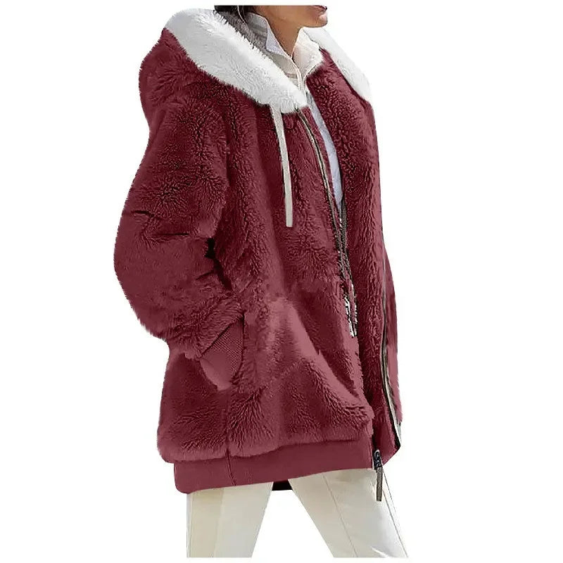 Women's Hooded Fleece Zip Jacket, Casual Winter Coat