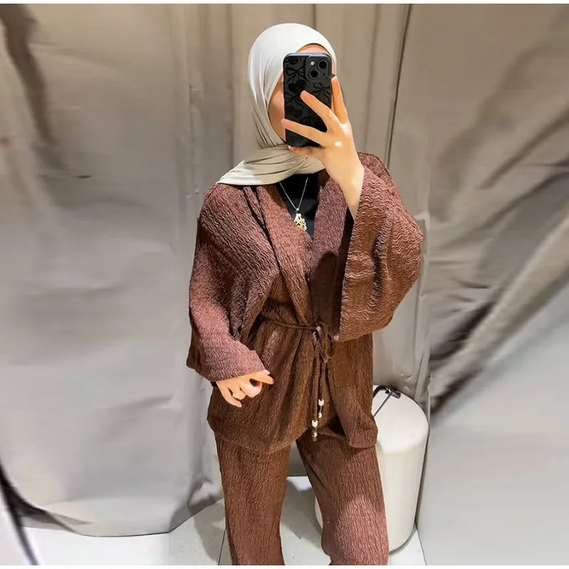 V-Neck Lace-Up Shirt & Wide-Leg Trousers Set — 2-Piece