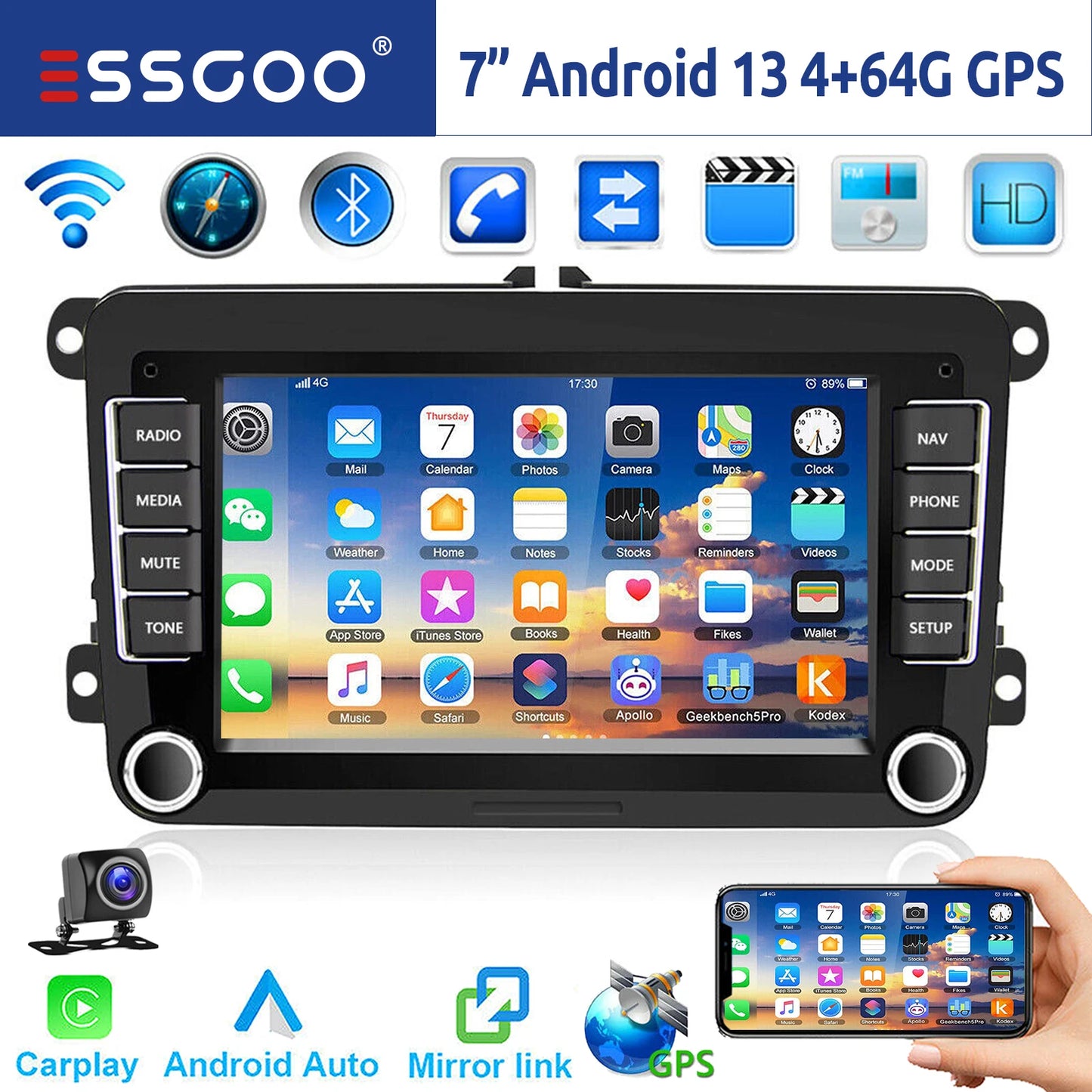 ESSGOO 7" Android 14 4G+64G Apple Carplay ChatGPT Car Stereo GPS WIFI RDS BT for VW Golf 5 6 Passat Polo Touran Tiguan Caddy EOS