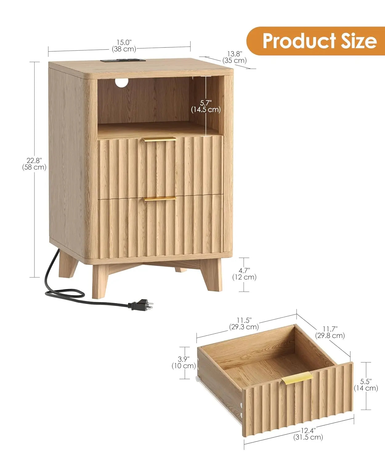 Fluted Nightstand Set USB LED 2 Drawers Shelf Small Bedroom Oak,Customized