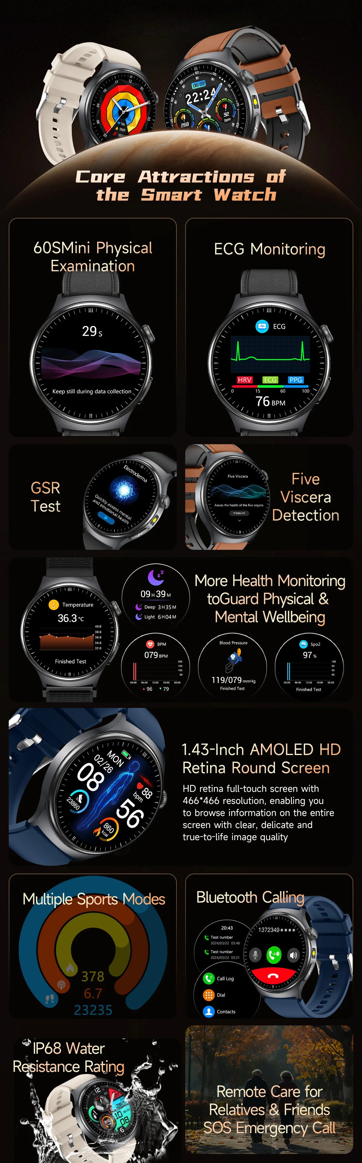 2026 New Accurate Diagnosis ECG Smart Watch Body Fat Blood oxygen BP Health Sport HD AMOLED Screen call Smart watch Men women