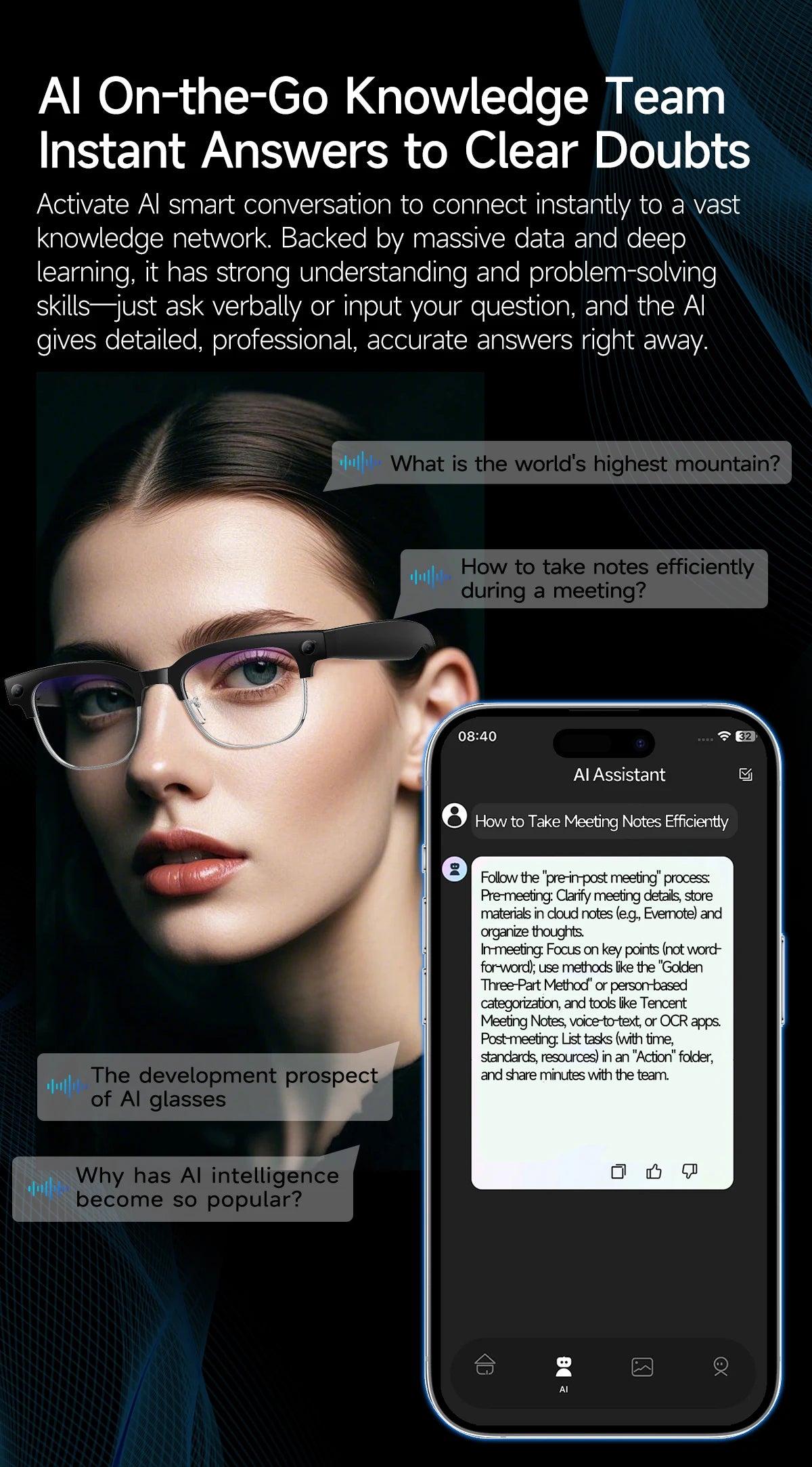 GUHUAVMI W630 AI Smart Glasses – 800MP Dual Camera, 4K Video, BT 5.3, AI ChatGPT, Voice Translation & Blue Light Blocking