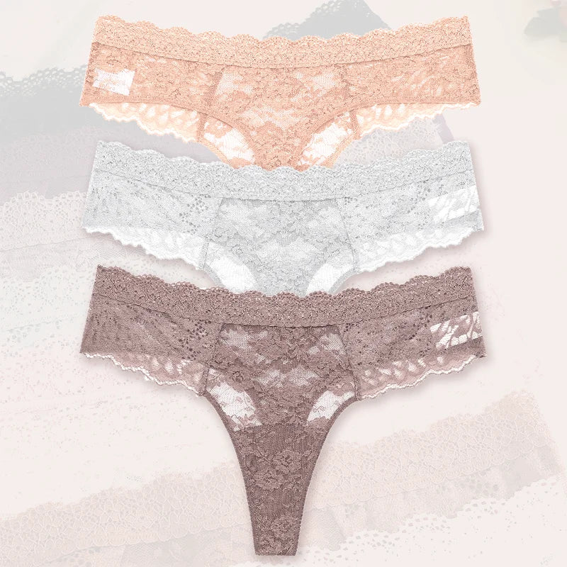 3-Pack Floral Lace Thongs – Soft Low-Rise Seamless Panties