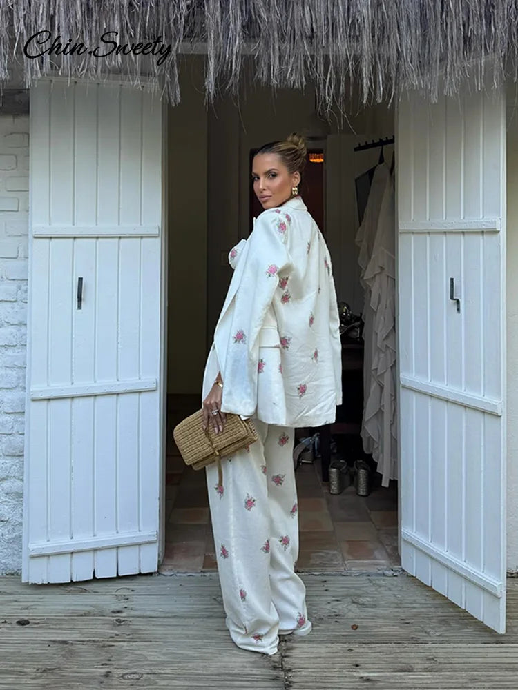 Floral 3-Piece Set — Corset, Lapel Blazer & Straight Pants