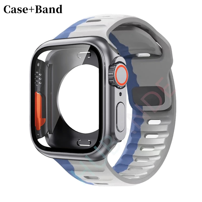 Silicone strap For Apple Watch 44mm 45mm 41mm 40mm Bracelet+Screen protectores Change to Ultra For iWatch Series 9 8 7 SE 6 5 3