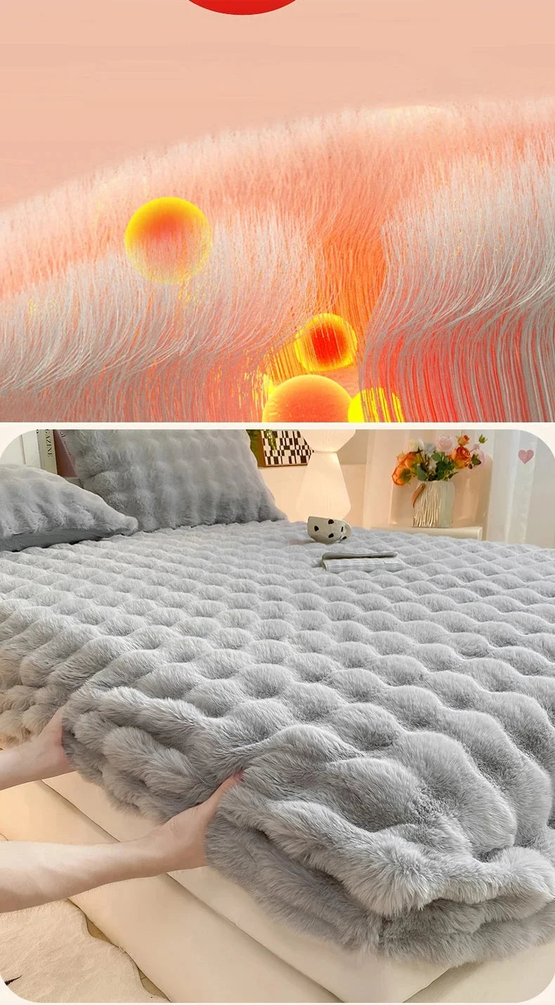 Fluffy Plush Fitted Bed Sheet for Winter Solid Color Rabbit Fleece Bed Sheets on Elastic Winter Warm Thicken Mattress Protector