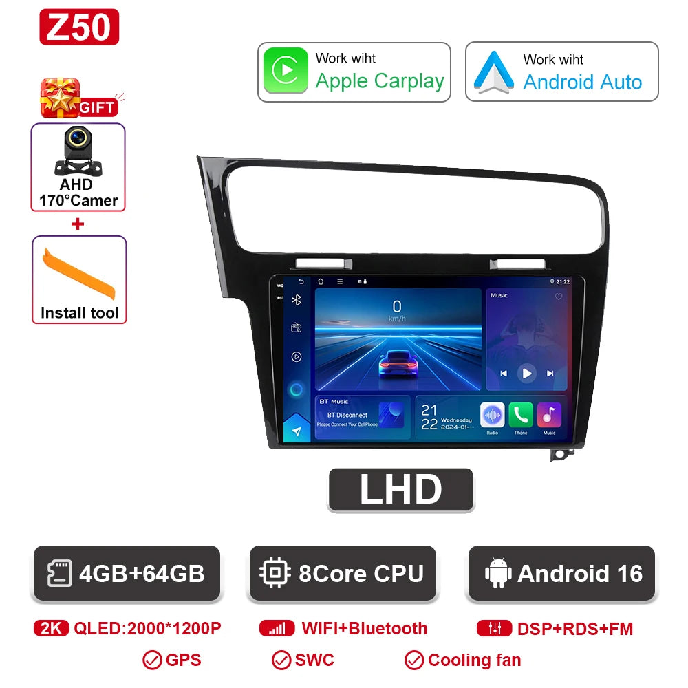 Android Car Stereo for VW Golf 7 MK7 GTI (2012–2021, RHD) — CarPlay, Android Auto, GPS, 2-DIN