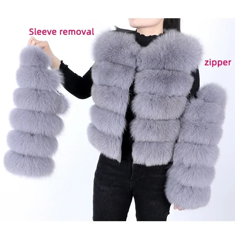 Women's Fox Fur Coat with Detachable Sleeves
