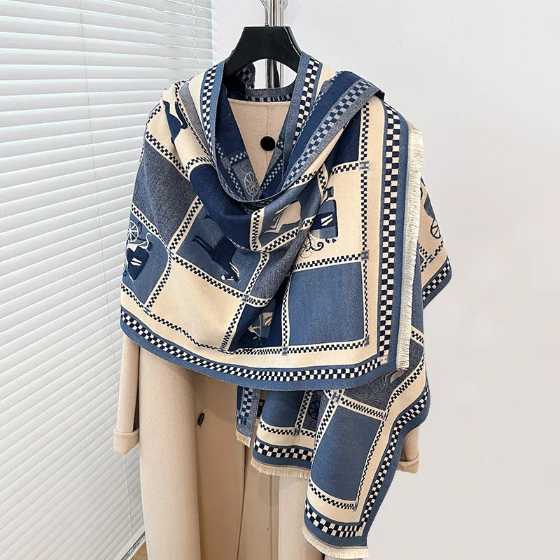 Women's Horse Print Poncho Shawl Wrap, Thick Winter Scarf