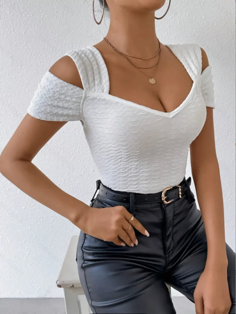 Sexy Off-Shoulder Women's Slim Tops Fashionable Solid Color T-Shirts Spring Summer Simple Short Sleeve Female V-Neck Blouse