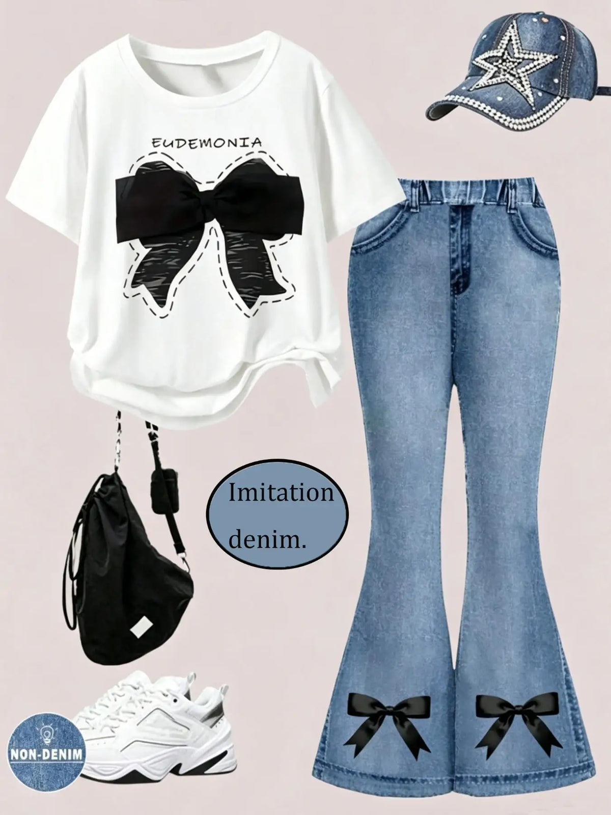Girls' Summer Casual Outfit, Children's Casual Bowknot Set, Faux Denim Flared Pants + Round Neck Short-Sleeve T-Shirt Two-Piece Set, Trendy Daily Wear for Girls, Suitable for Ages 4-12