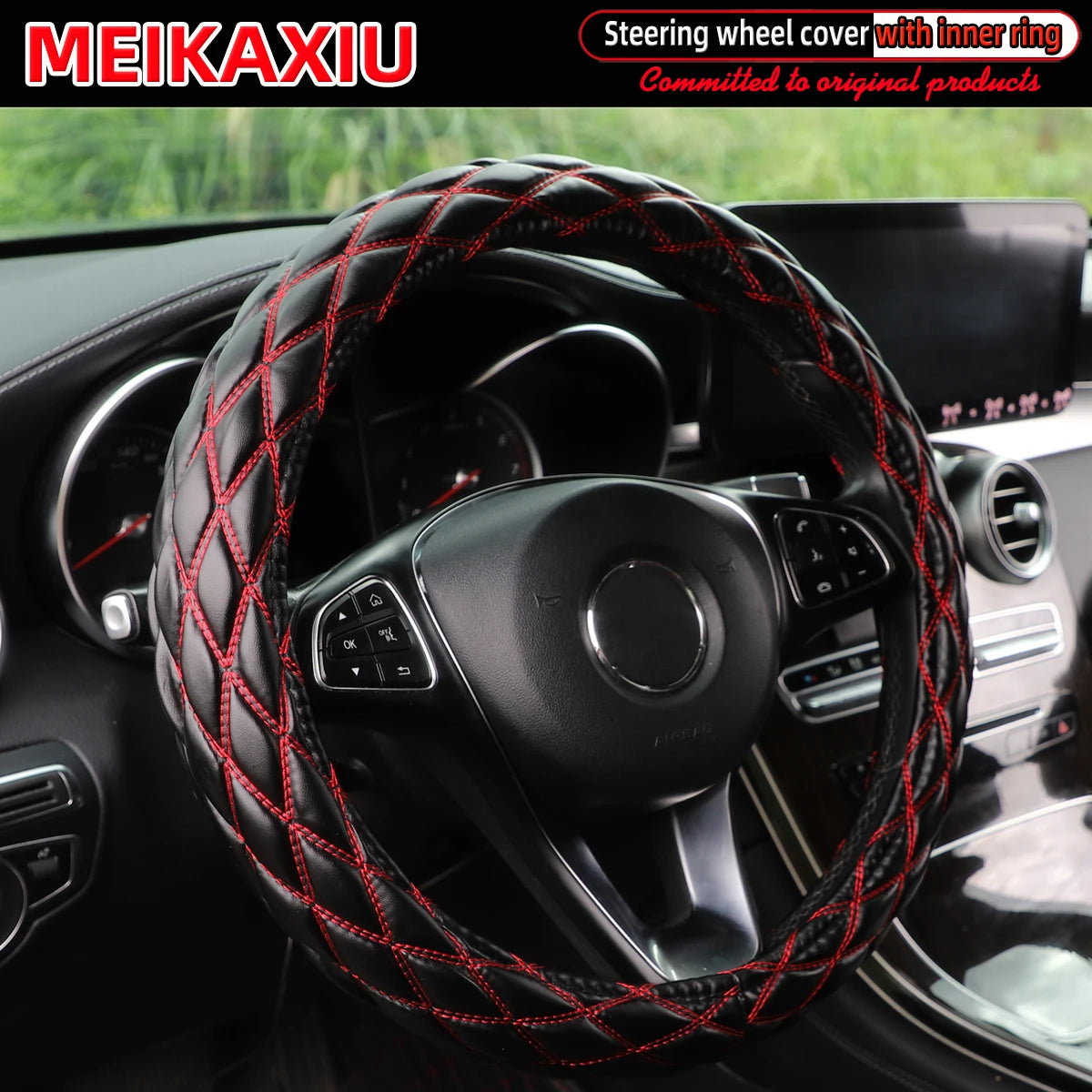Diamond-Pattern Embroidered PU Sheepskin Steering Wheel Cover Foldable Inner Ring for O-Shaped/D-Shaped Cars - 36/37/38CM