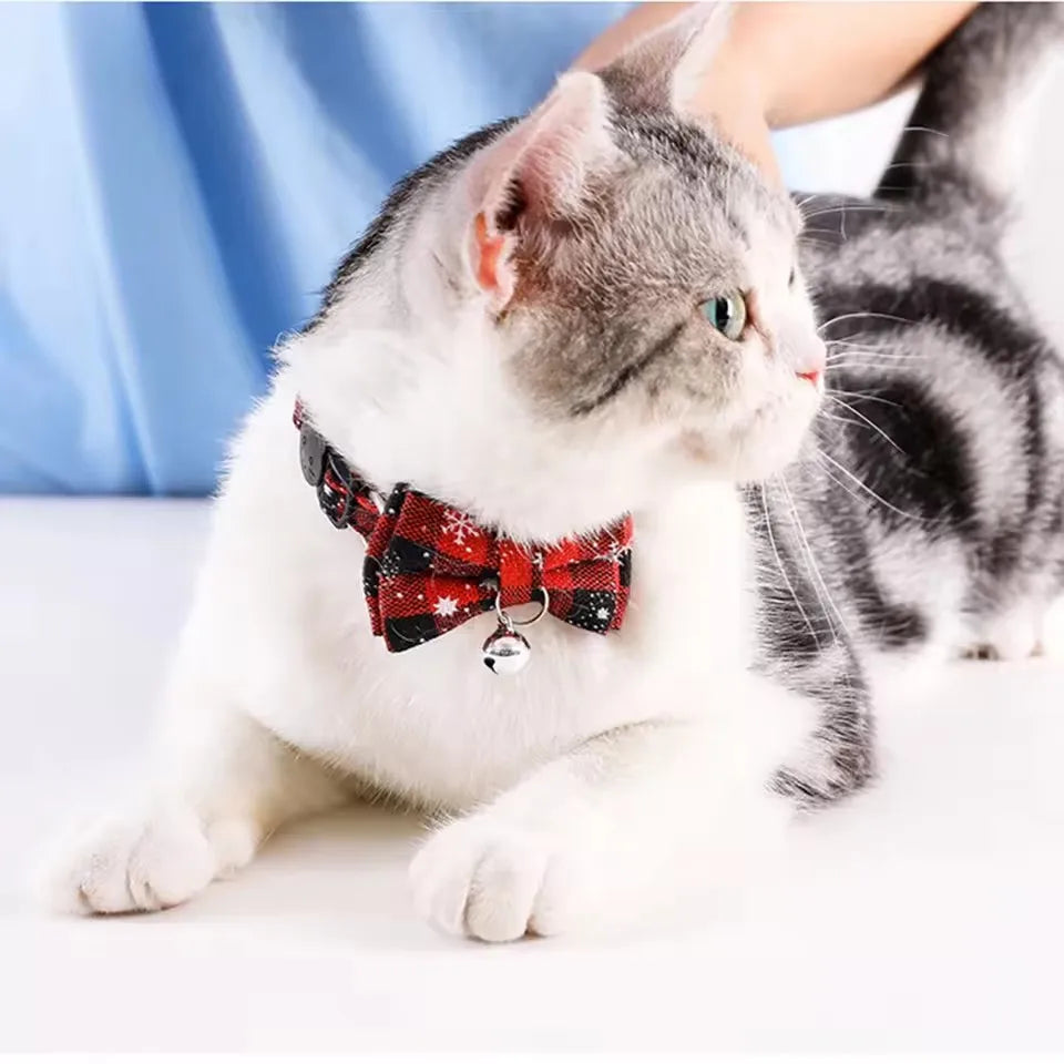 Pet Breakaway Cat Collar with Bow Tie & Bell, Cute Red Plaid Christmas Adjustable Elastic Dog Collar, Small Pet Neck Accessory
