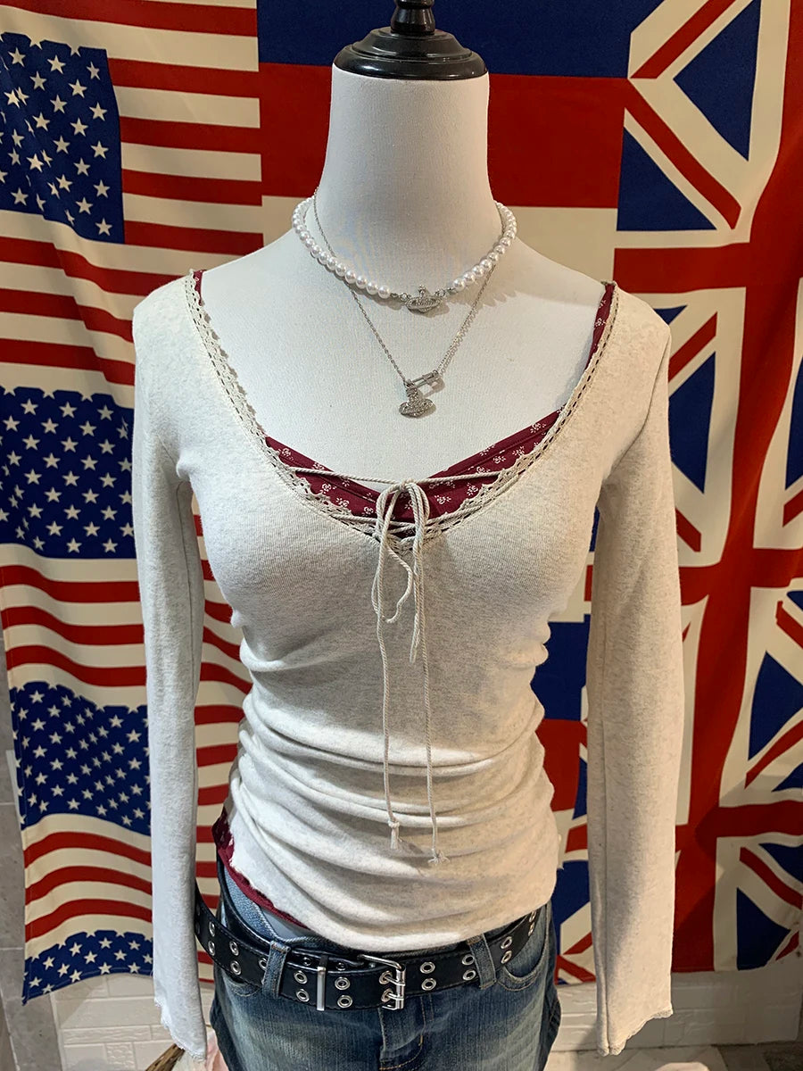 Bandage Lace Trim Long Sleeve T-shirt Autumn Sexy V-neck Cotton Slim Tshirt Top Female Casual Simple Solid Elegant Woman's Tees