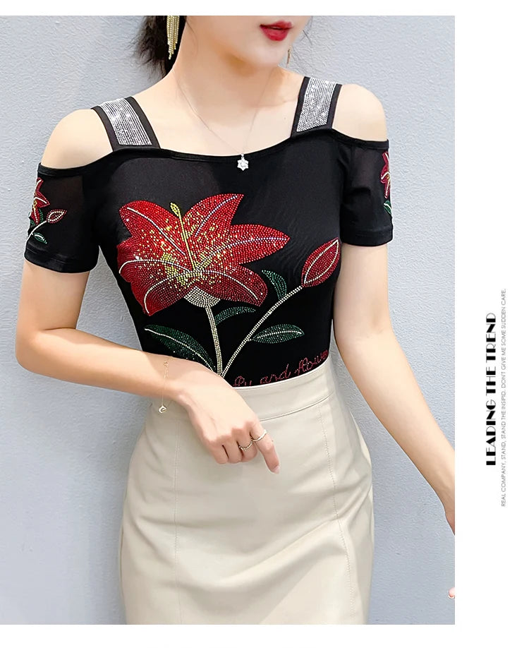 Women's Off-Shoulder Rhinestone Mesh Top