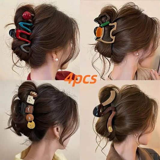 4 Pcs Large Wavy Hair Claw Clips with Color Accents - Non-Slip