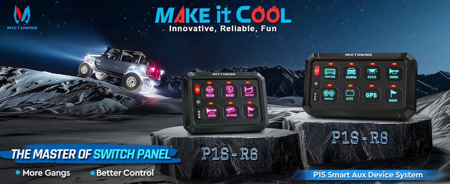 MICTUNING P1S-R 6/8 Gang Switch Panel RGB Colors Adjustable Brightness Switch Momentary Circuit Control Relay System Box For SUV