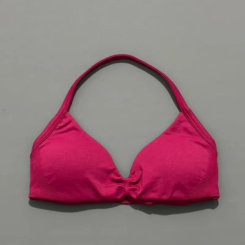 HISTELLO Df Solid Color Impact Strappy Bra Women Seamless Yoga Underwear Fitness Workout Halter Top Running Gym Sports Bra