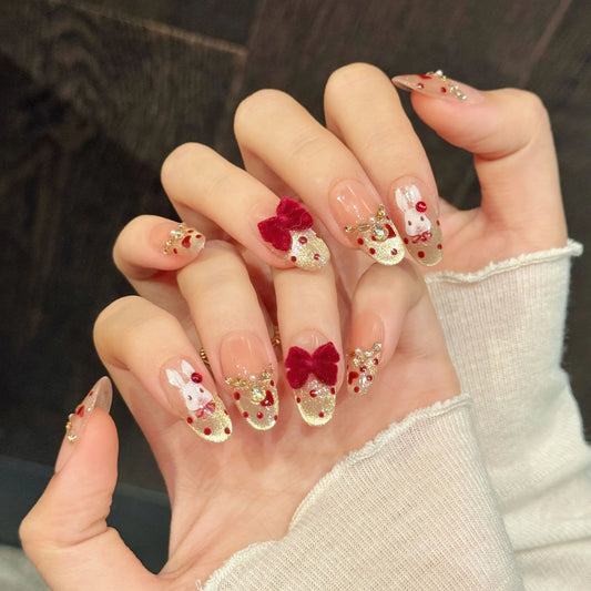 Handmade French Press-On Nails - Cat Eye with Velvet Bowknot Festive Decor