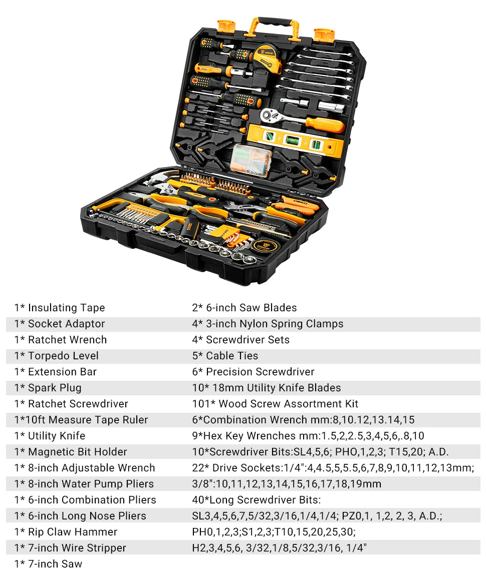 DEKOPRO 228-Piece Home Tool Kit – Socket Wrench Set, Hand Tools & Auto Repair Combination with Plastic Toolbox Storage Case